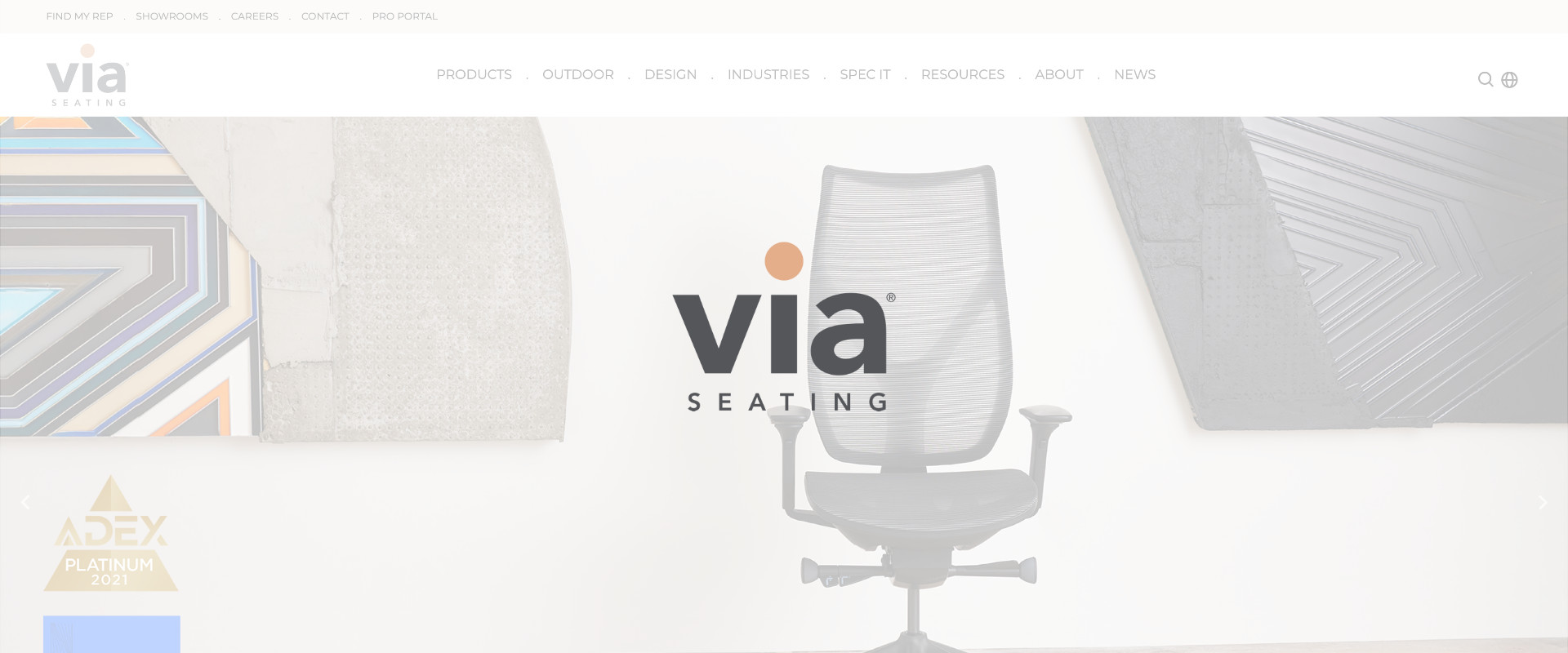 Via Seating logo on a ghost screenshot of their homepage